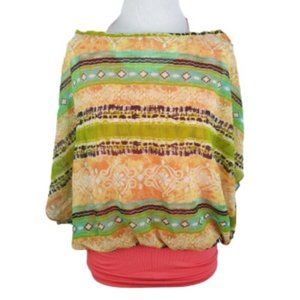 Coral Peach Aztec Print Semi Sheer Top Bat Sleeves